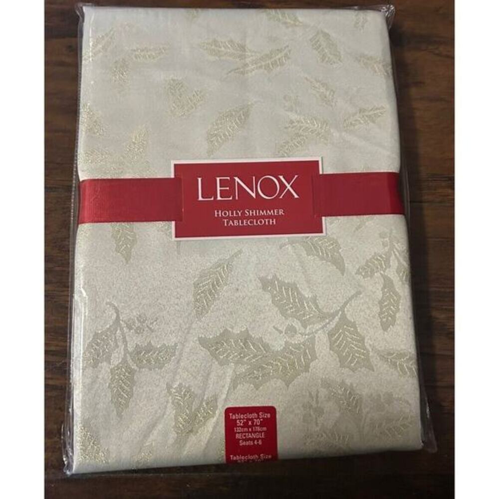 LENOX Holly Shimmer 52"x 70"Tablecloth Cream Gold Shimmer Holly Leaves New